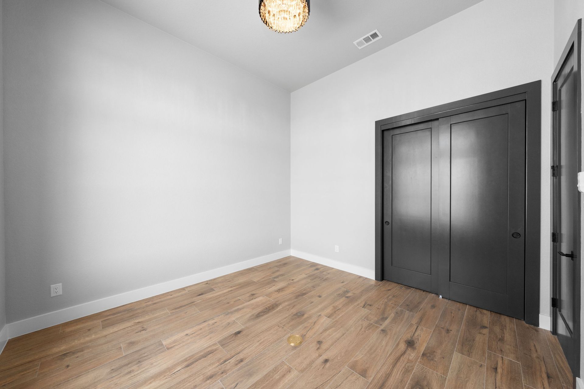 Empty bedroom with light gray walls, wood floor, and a dark closet door