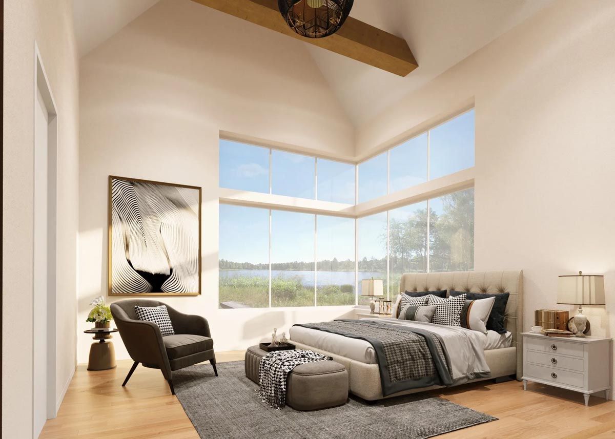 Sunlit modern bedroom with large corner windows, bed, chair, artwork, and neutral decor