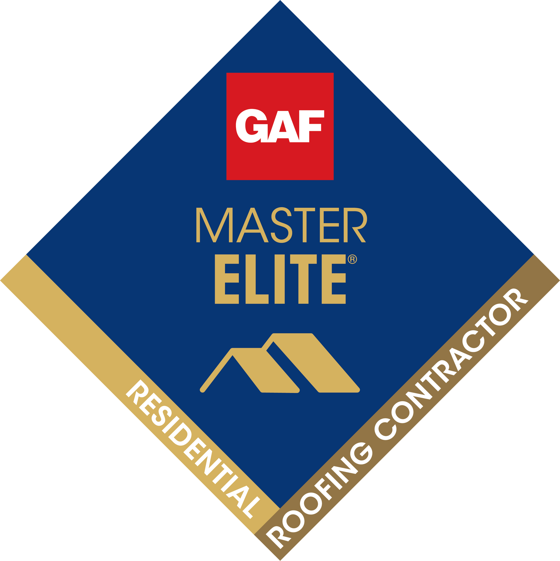 GAF Certified Plus Residential Roofing Contractor badge with blue and red text on a gray diamond