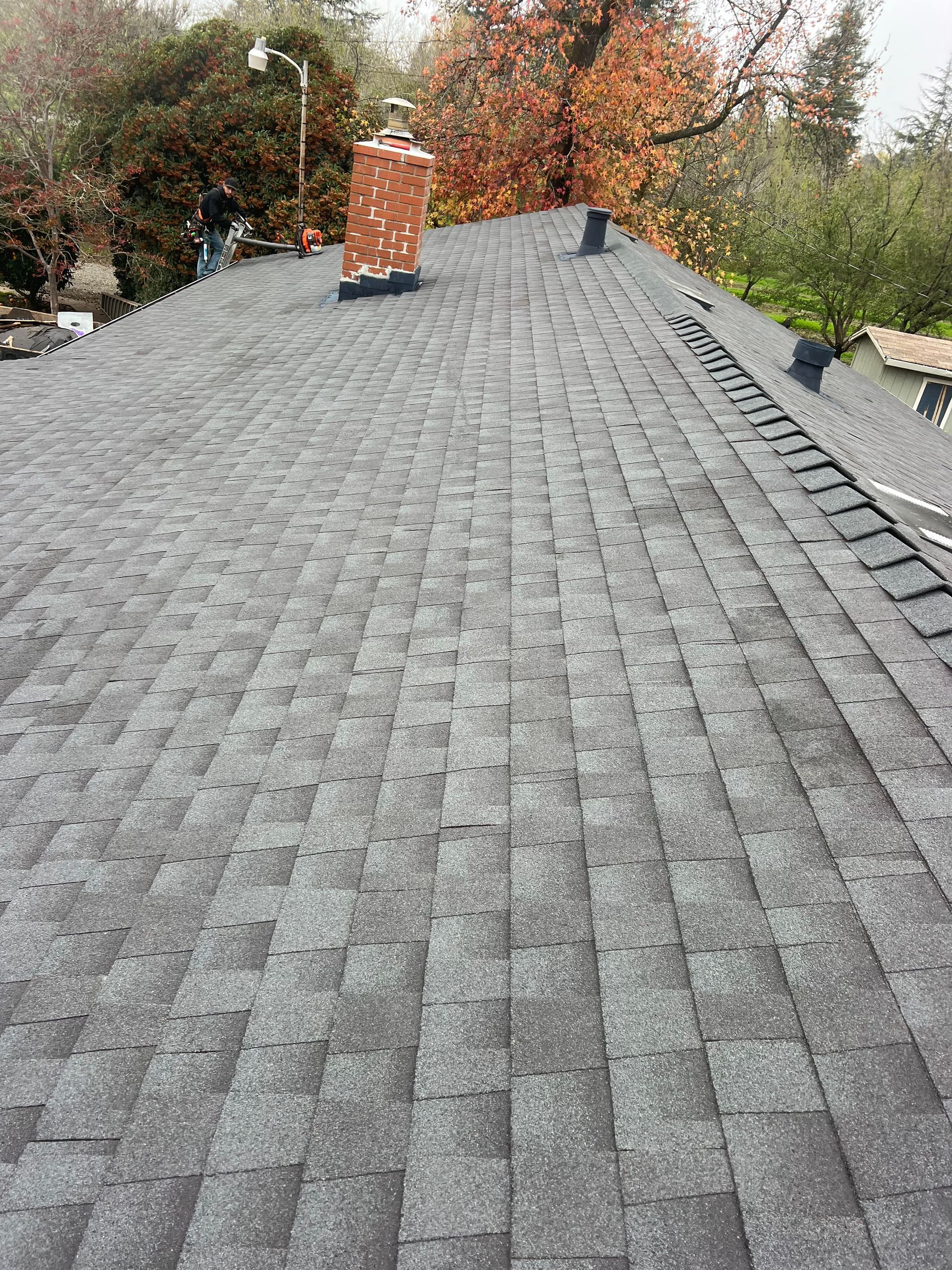 Gray shingled roof with a brick chimney, viewed from above with autumn trees in the background