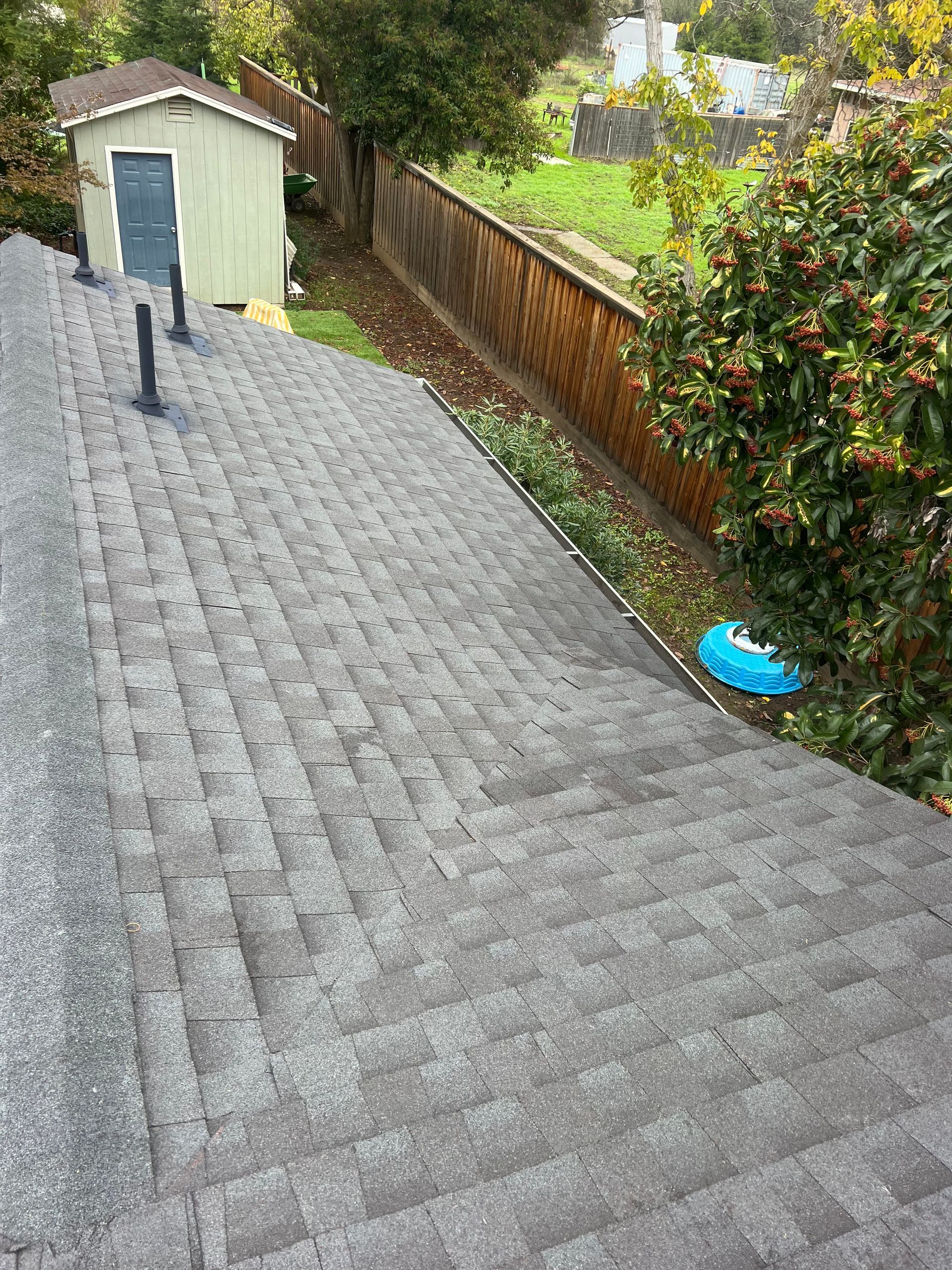 Steep gray shingled roof beside a garden and small shed, viewed from above.