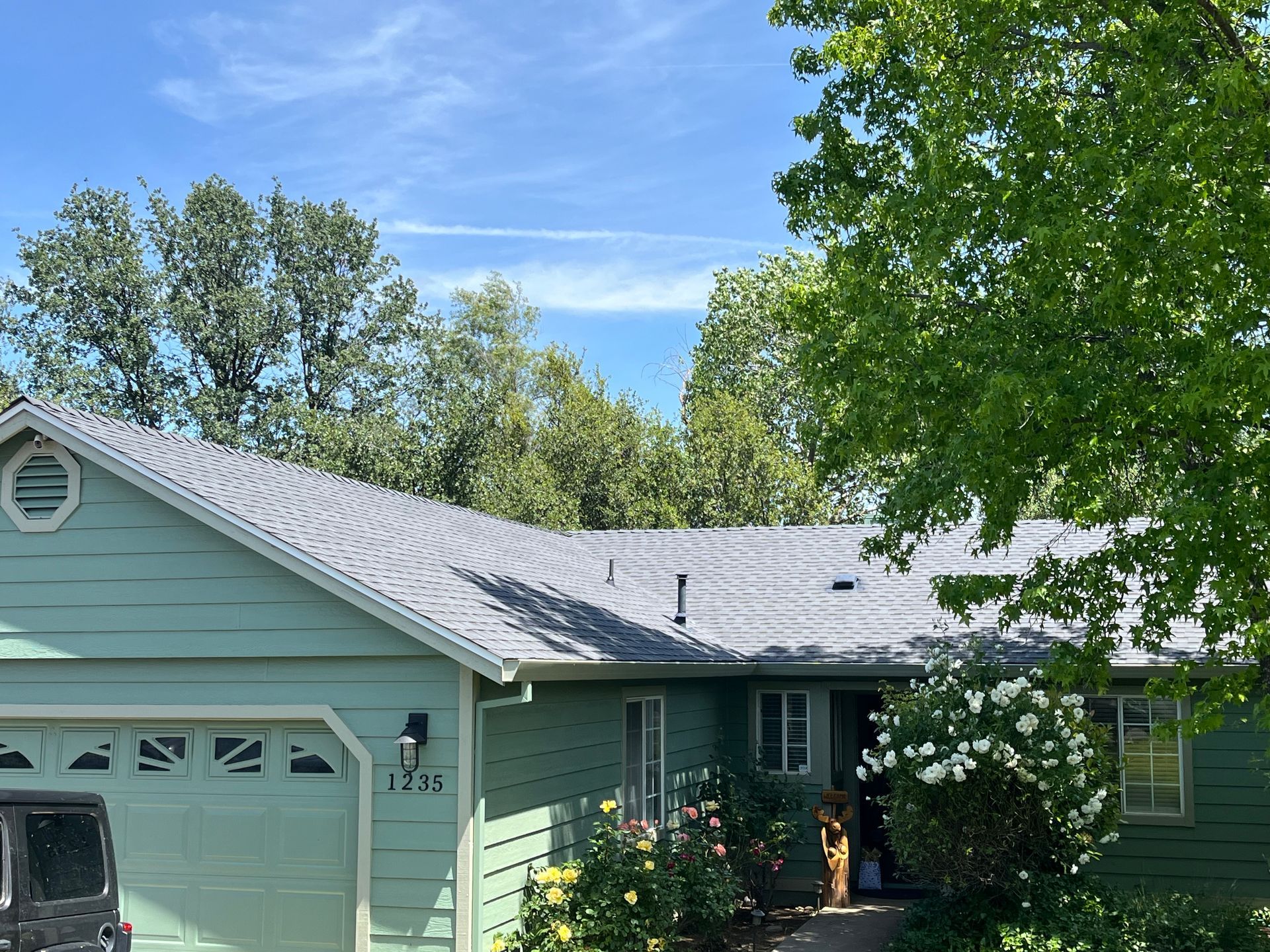 Green house with white roof and garage, partly shaded by large leafy trees under a blue sky