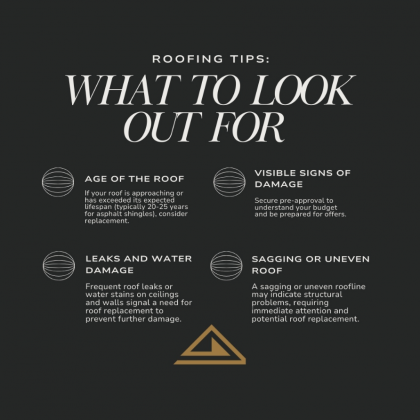 Roofing tips infographic on dark background with four warning signs and a roof icon.