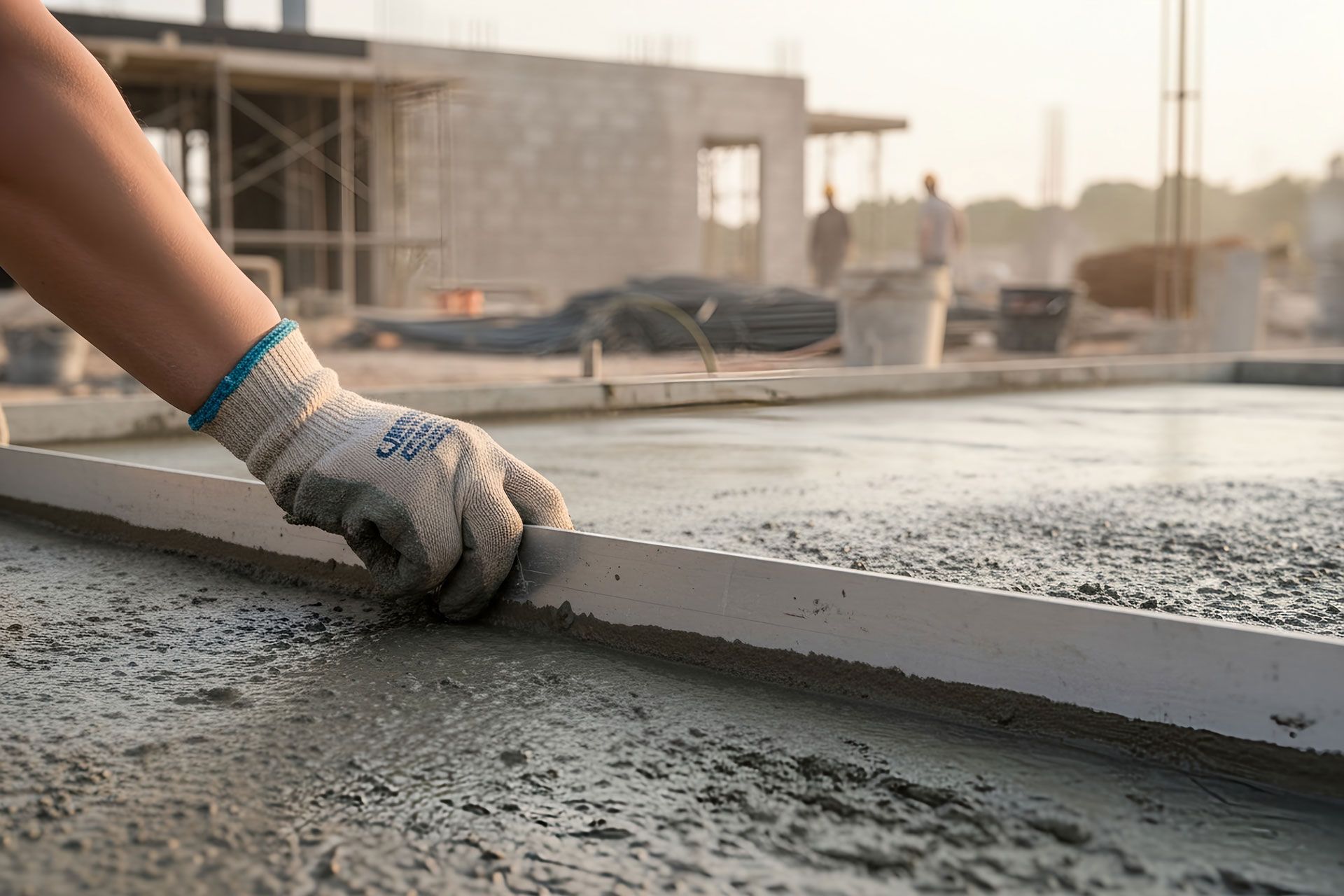 Gloved hand smoothing wet concrete on a slab during construction