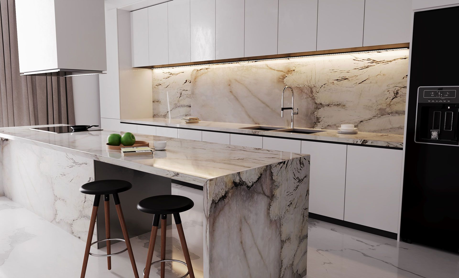 Modern white marble kitchen with island, black stools, and under-cabinet lighting.