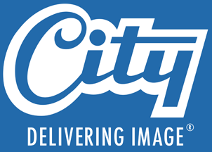 A blue and white logo for city delivering image