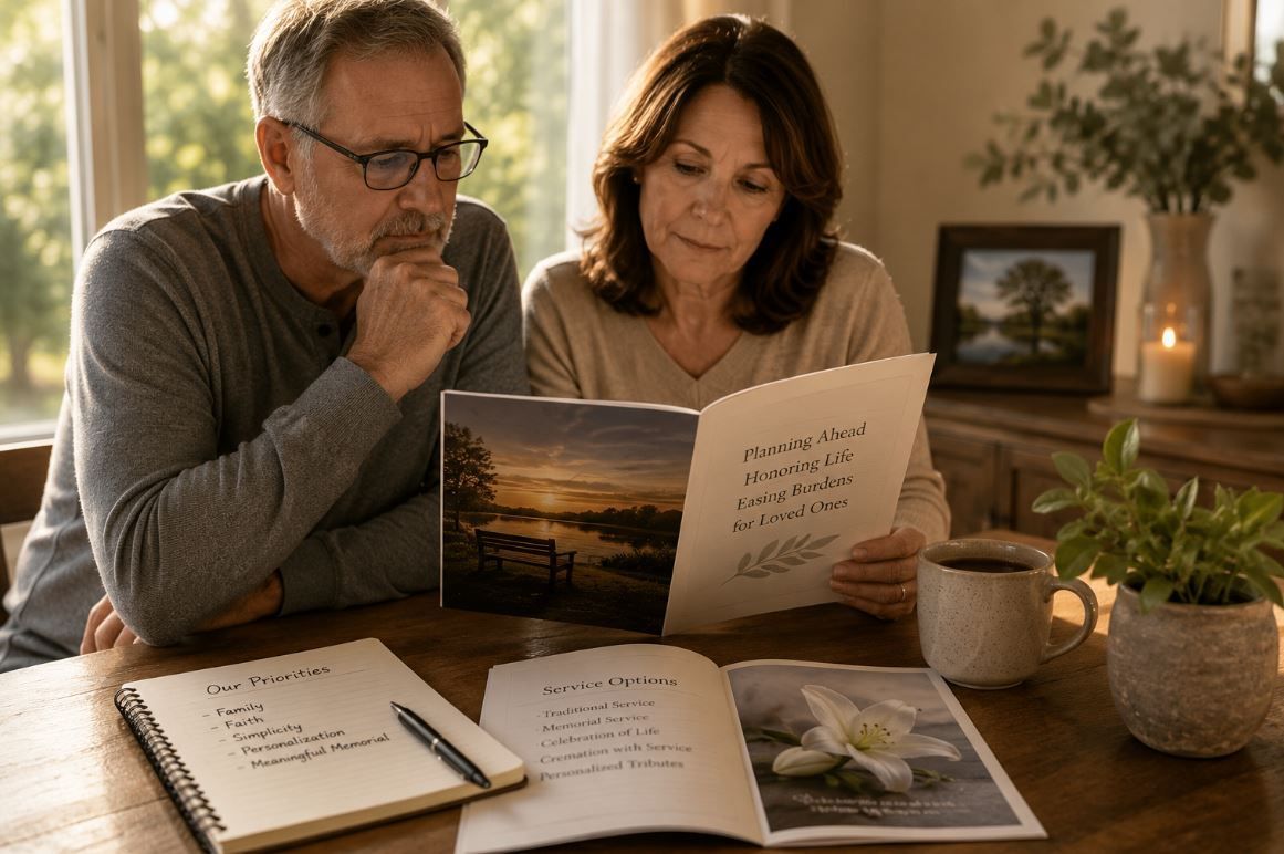 Couple reviews funeral planning options together with thoughtful guidance in Moore, OK