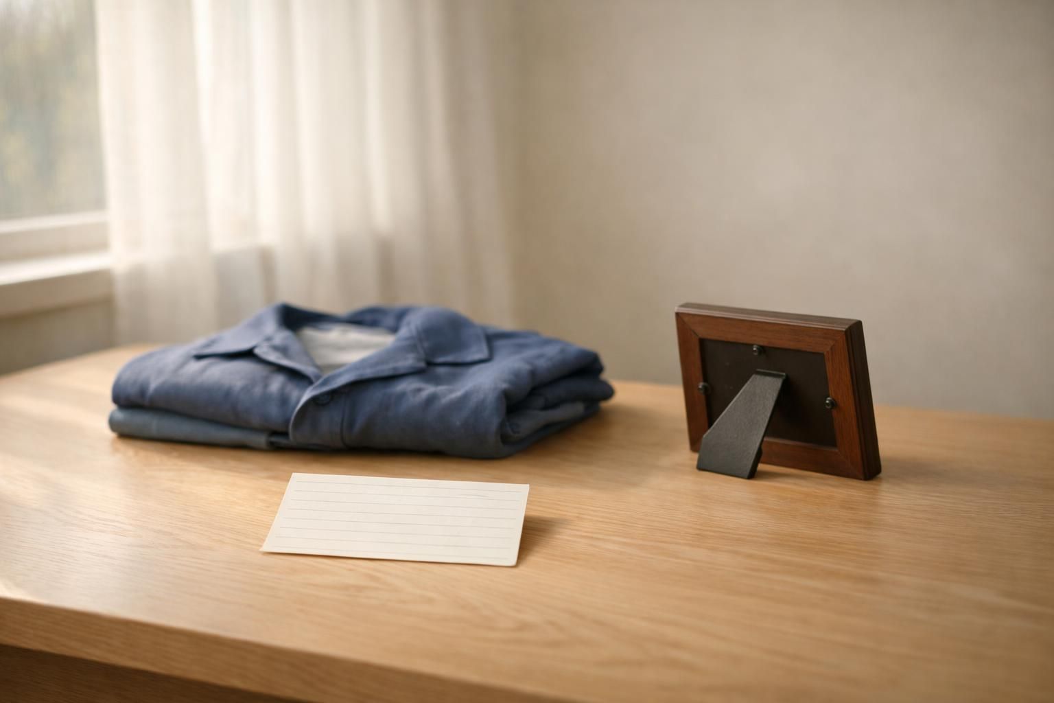 Planning-room table with a cherished recipe card, folded uniform, and framed photo in Norman, OK