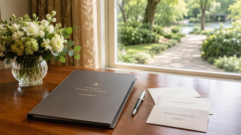 Funeral planning folder, flowers, and notes beside a peaceful garden in Oklahoma City, OK.