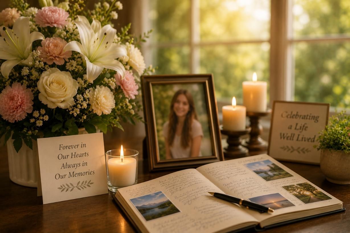 Flowers, candles, and a memory book celebrate a loved one, cremation services Moore, OK