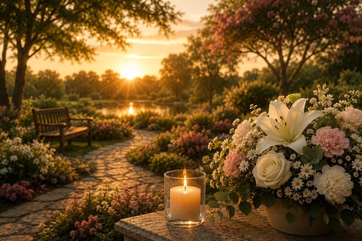 Flowers and candle in a sunset garden offer comfort, cremation services Oklahoma City, OK