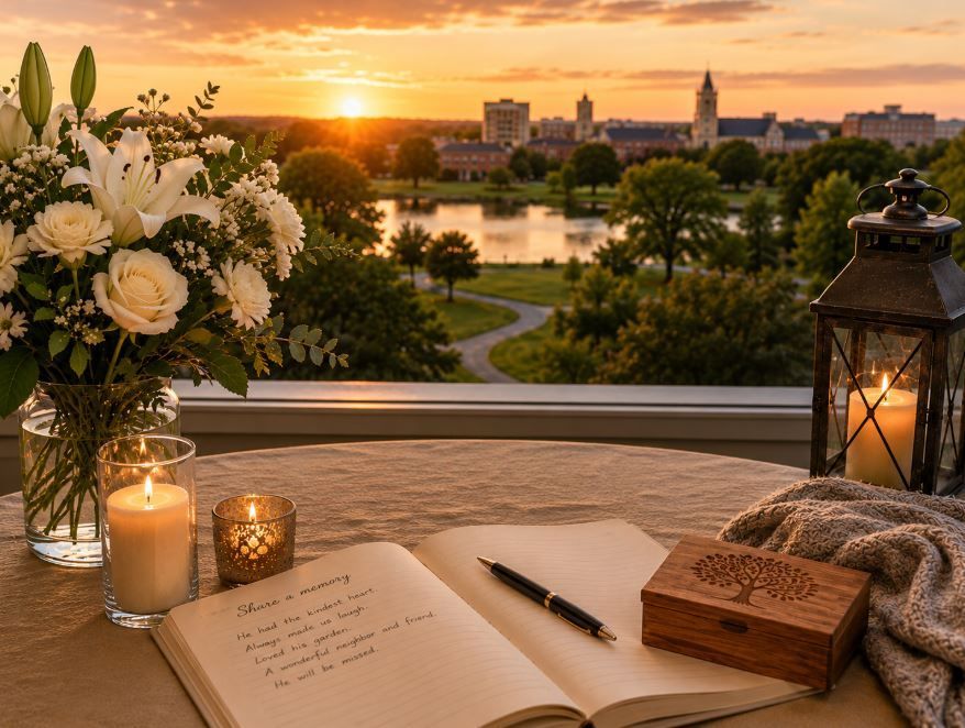 Sunset memorial table with flowers and keepsakes reflects a loved one’s life in Norman, OK