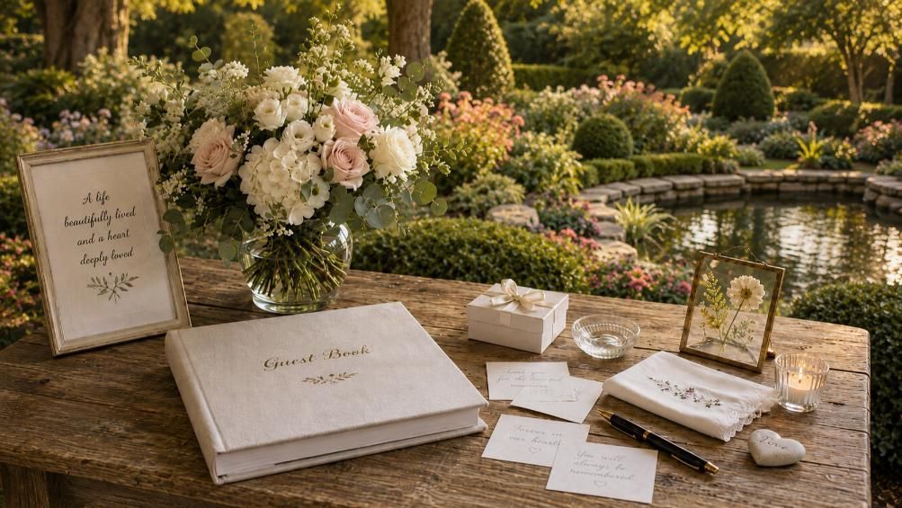 Flowers, memory notes, and a guest book create a caring memorial tribute in Oklahoma City, OK