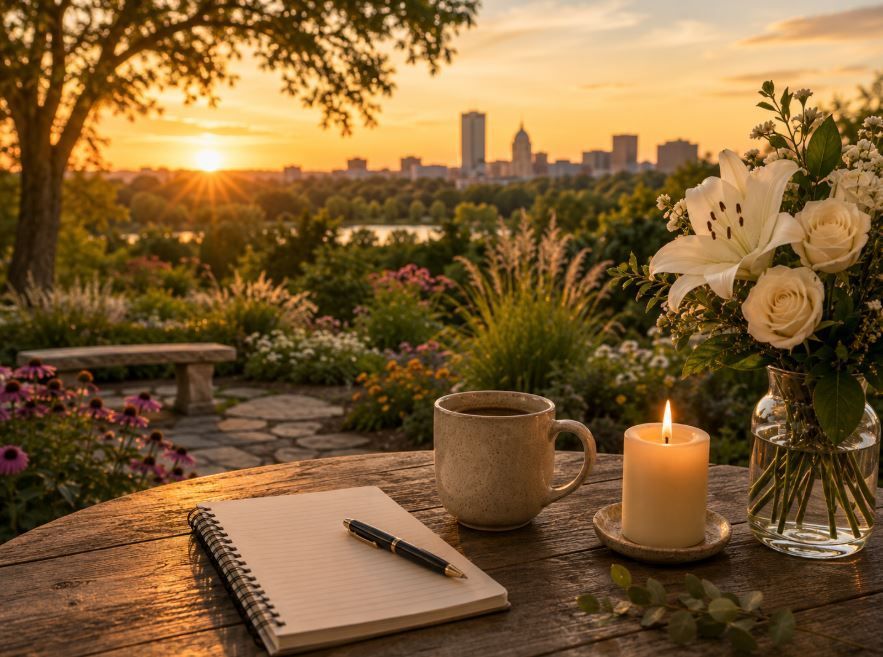 Memorial flowers and a sunset view reflect a thoughtful cremation tribute in Moore, OK