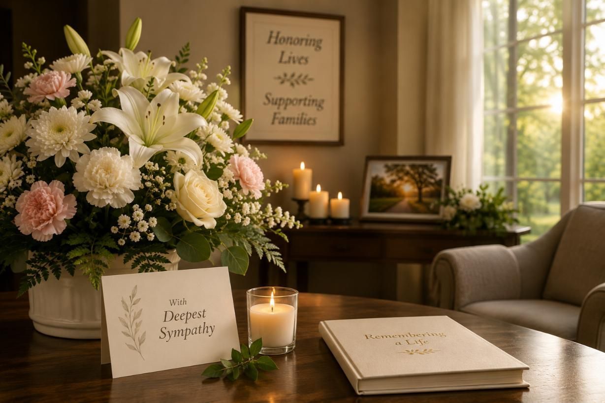 Floral sympathy arrangement beside a candle and memory book, funeral homes Moore, OK