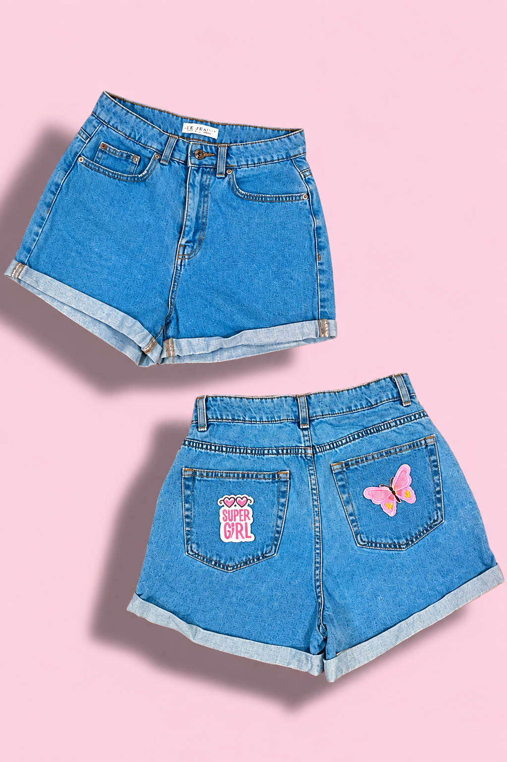 Super Girl Butterfly Patch Denim Shorts: Pink Patch Collection