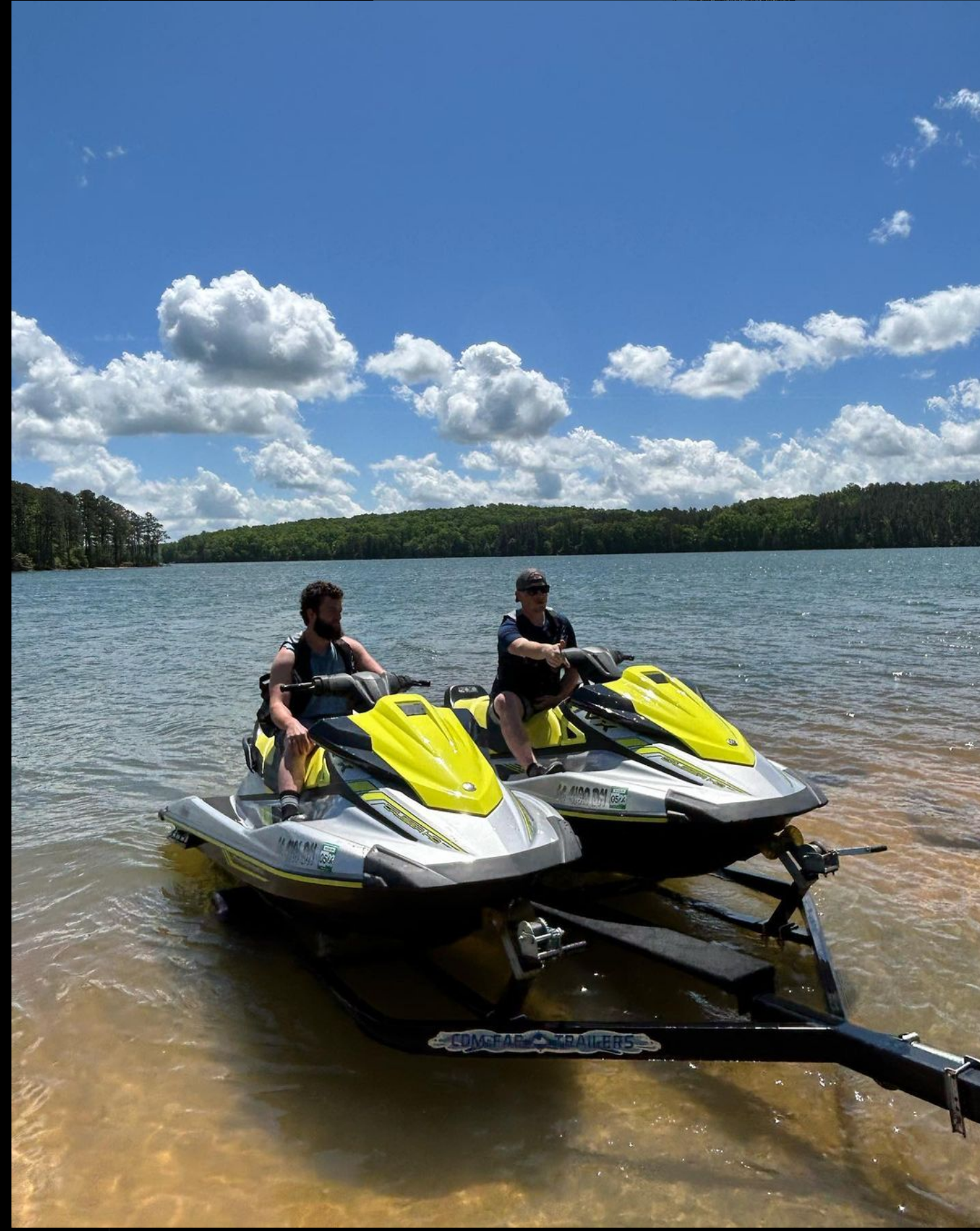 Two men ready to ride their jet ski rentals in Clemson, SC