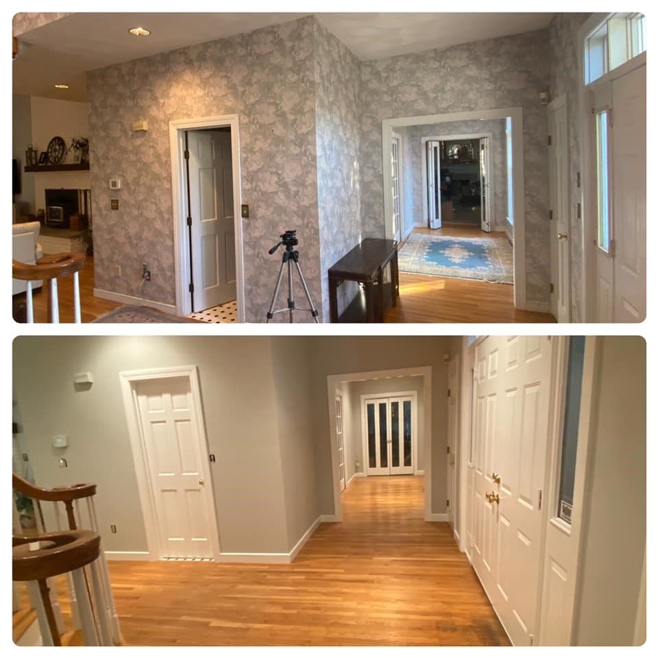 A before and after photo of a hallway in a house.