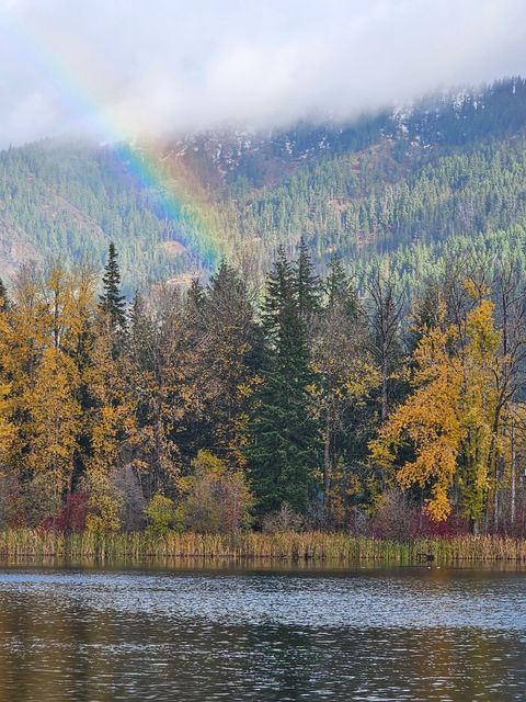 A rainbow arches over a mountain covered in a mix of golden autumn and green evergreen trees beside a calm lake.