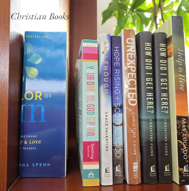 A shelf of Christian books, including titles by Christine Caine, Grace Valentine, and Max Lucado, arranged vertically.