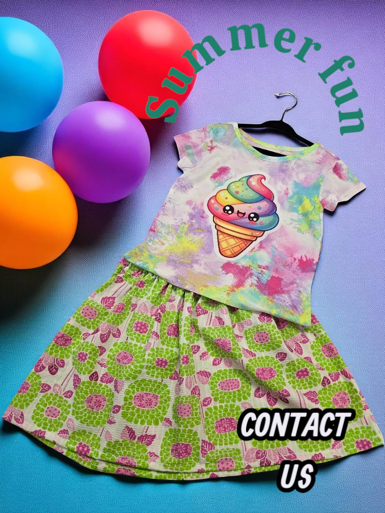 A t-shirt with a cartoon ice cream graphic and a green floral skirt on a hanger near colorful balloons, text says 