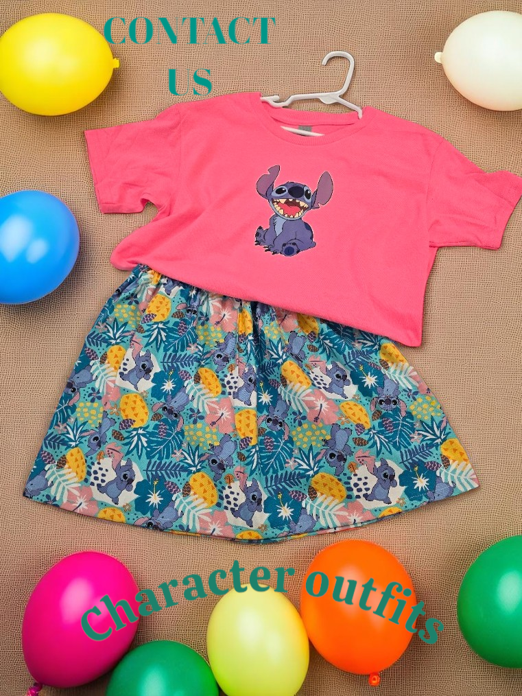 A pink Stitch t-shirt and patterned skirt laid flat, surrounded by colorful balloons with 