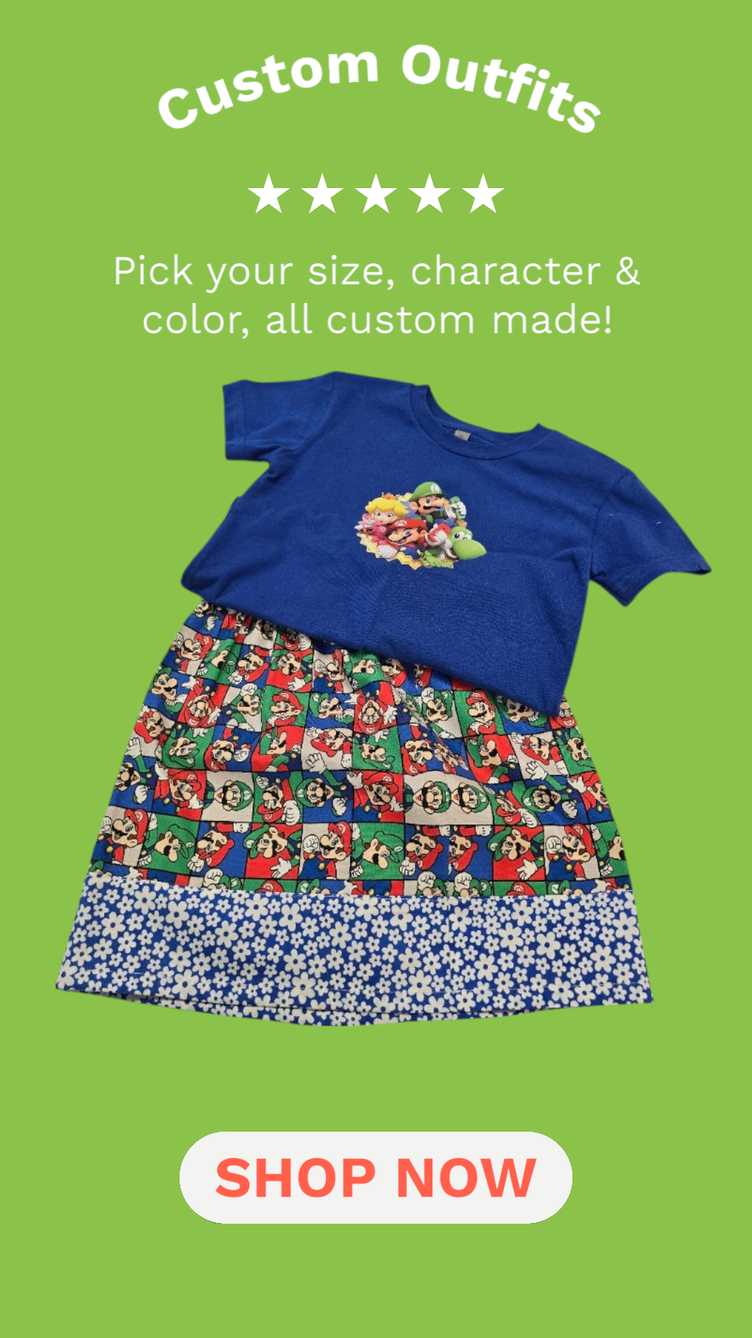 A green ad for custom outfits featuring a blue t-shirt and a patterned skirt with a 