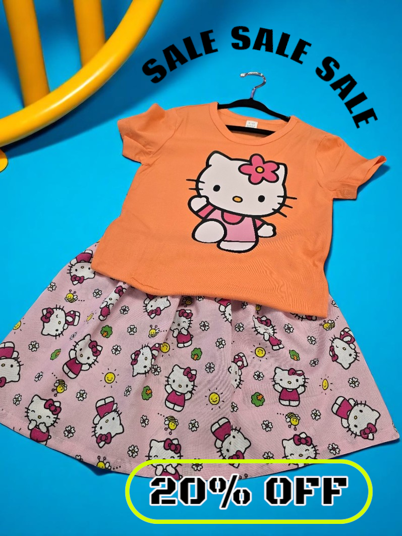 An orange Hello Kitty t-shirt paired with a pink patterned skirt against a blue background, labeled 