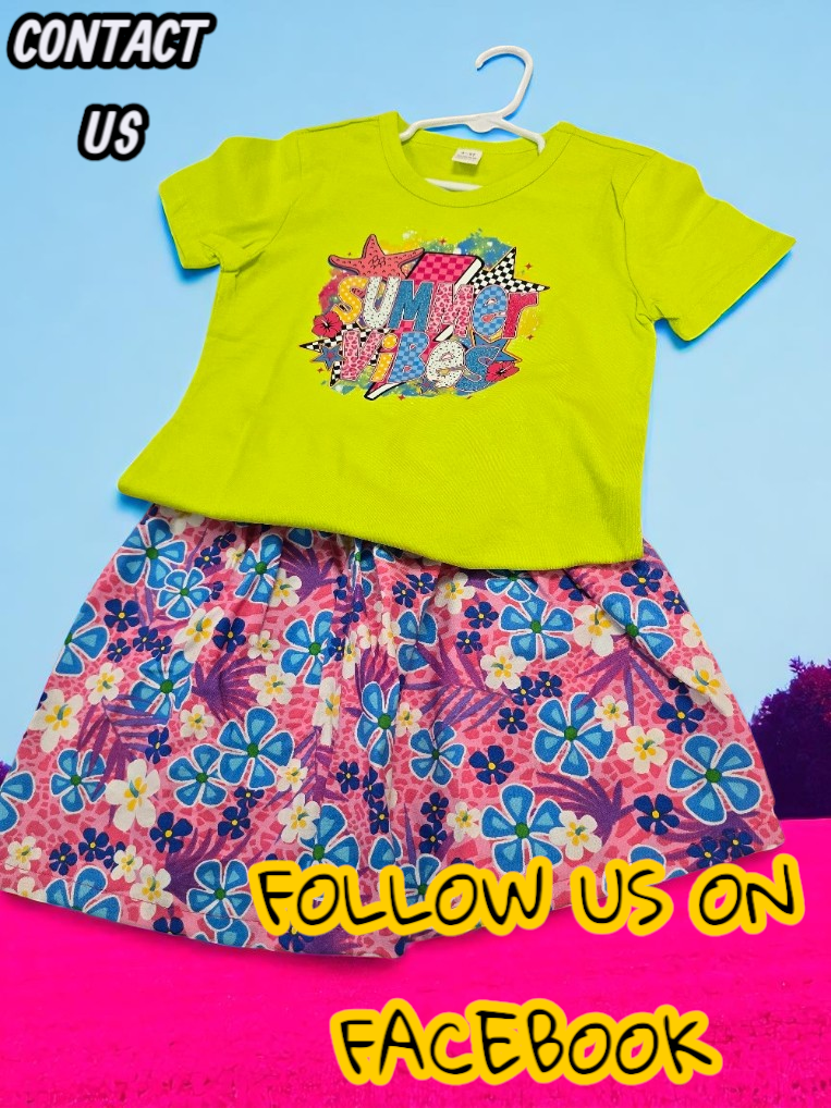 Lime green t-shirt with a colorful graphic design paired with a floral print skirt, against a blue and pink background.