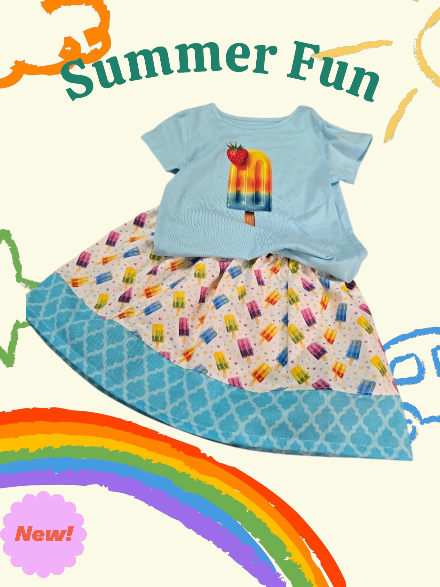 A light blue t-shirt with a popsicle print paired with a patterned skirt featuring a blue geometric bottom border.