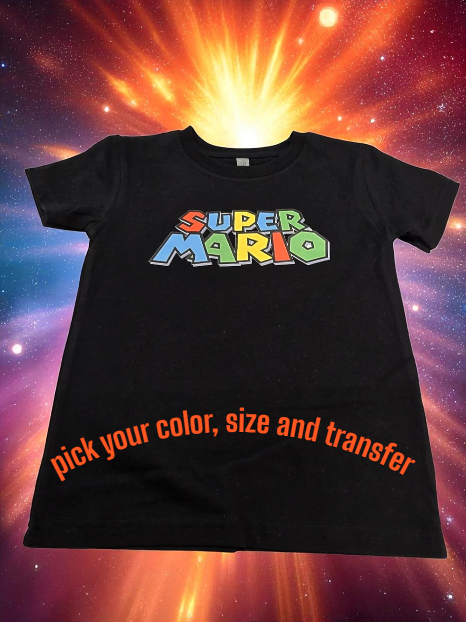 A black t-shirt with a Super Mario logo, featuring text reading 