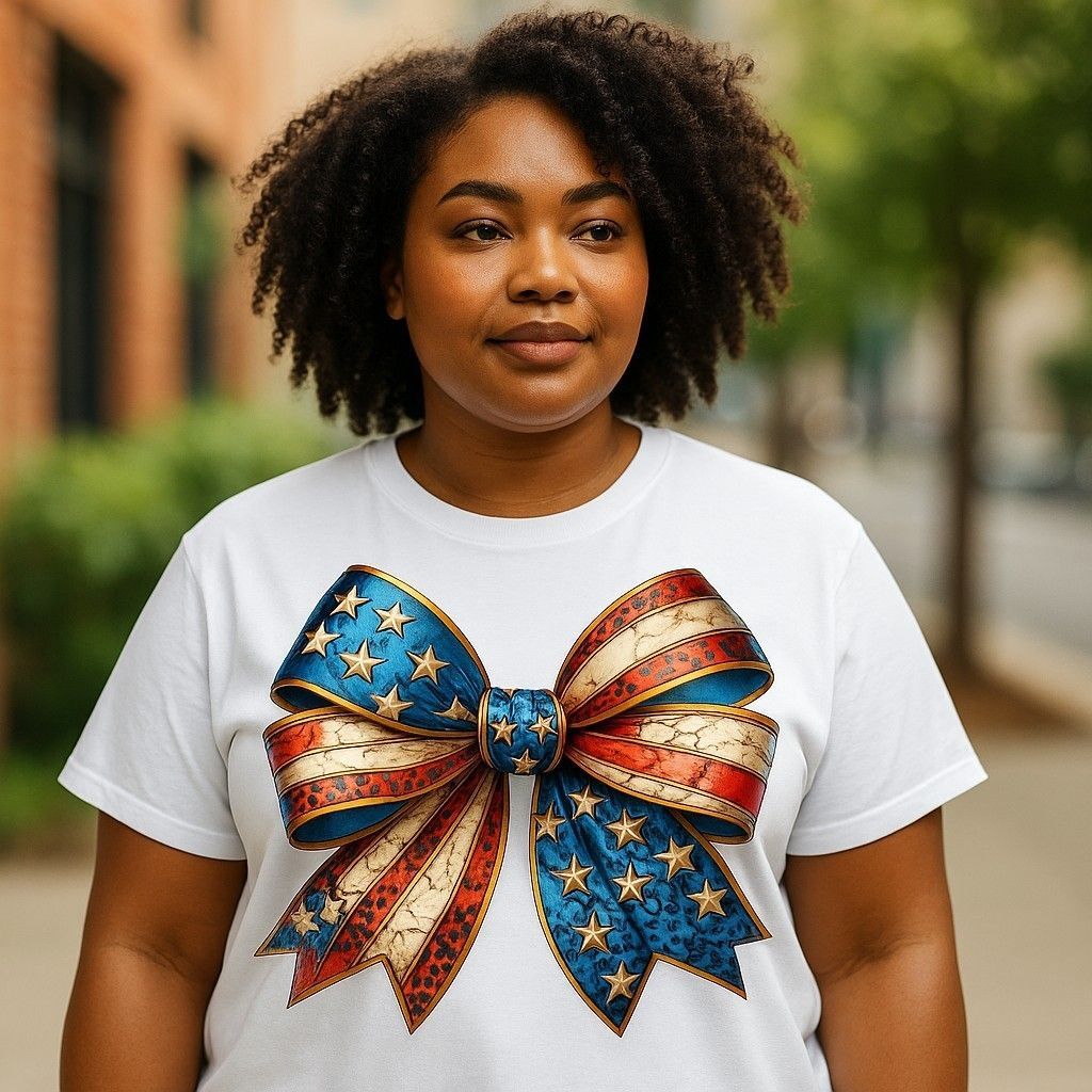 A person stands outdoors wearing a white t-shirt featuring a large graphic of a patriotic bow with stars and stripes.