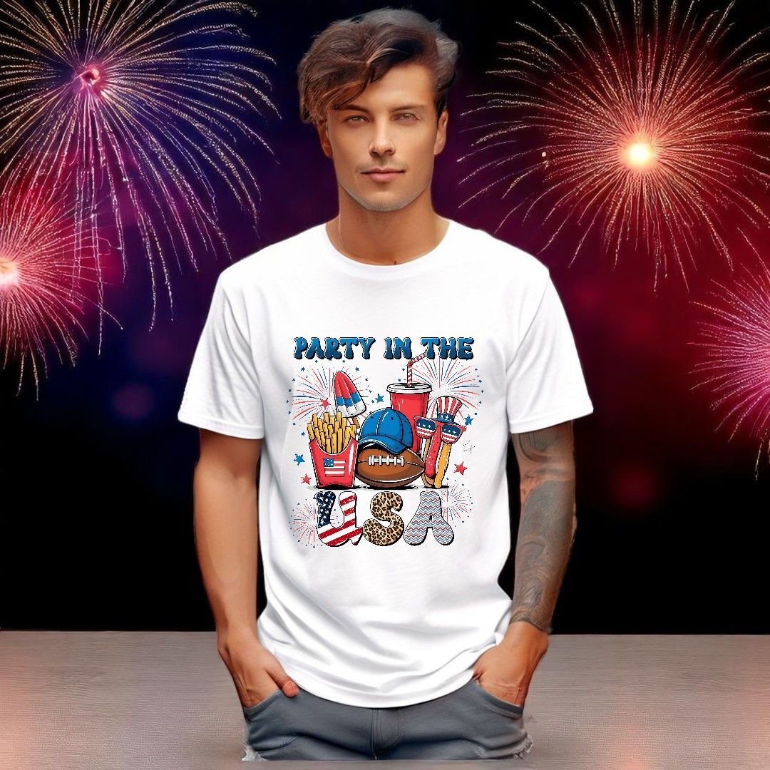 A person wears a white t-shirt featuring 