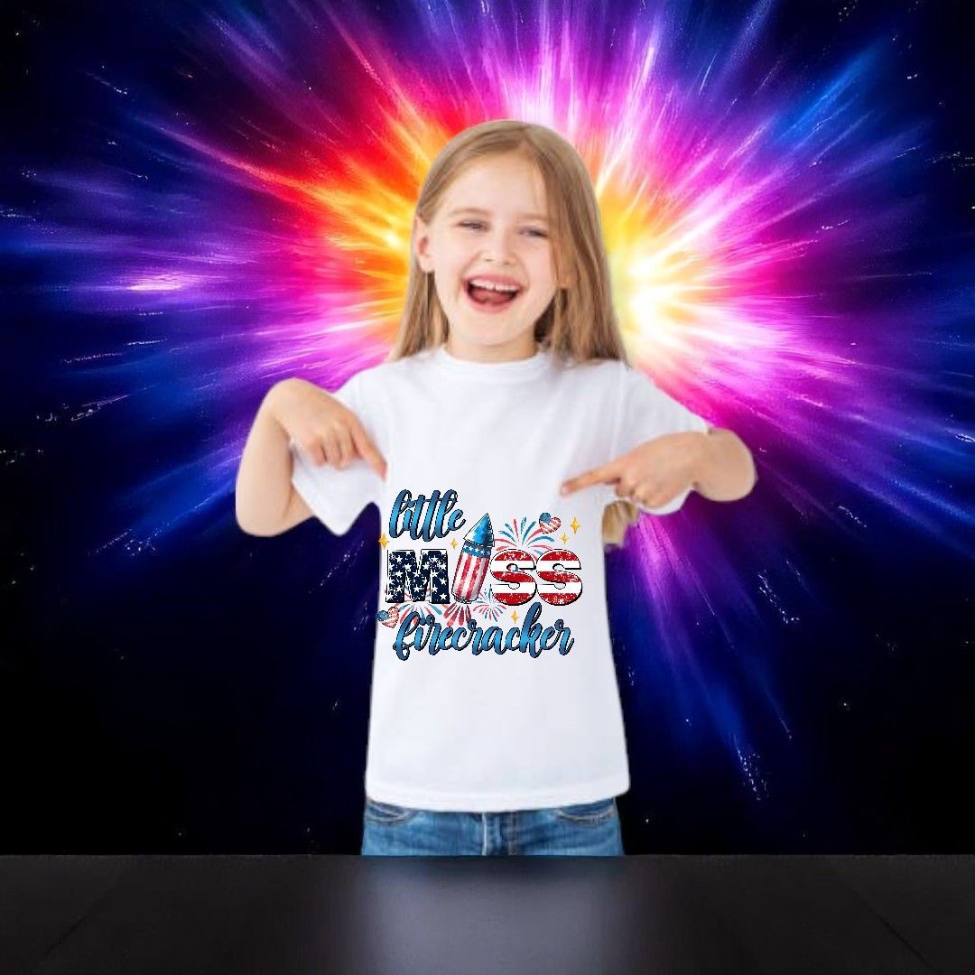A child smiles and points to a white t-shirt featuring 