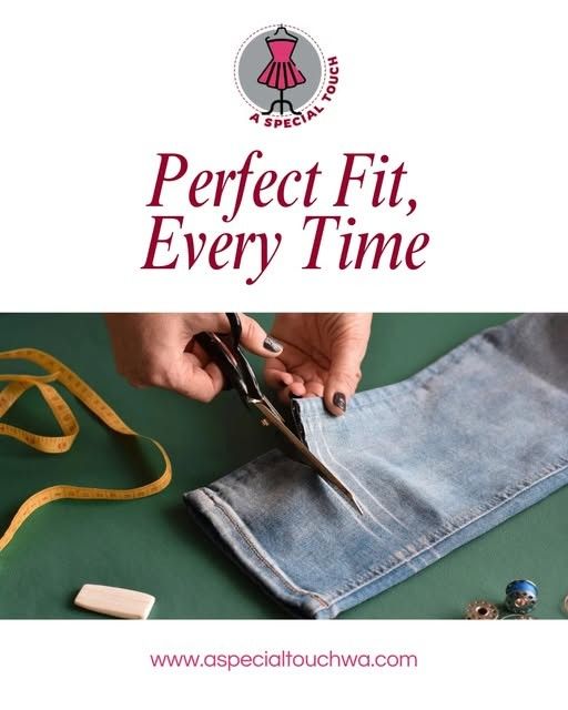 A sewing business advertisement shows a person cutting a pair of jeans with scissors next to a measuring tape and chalk.