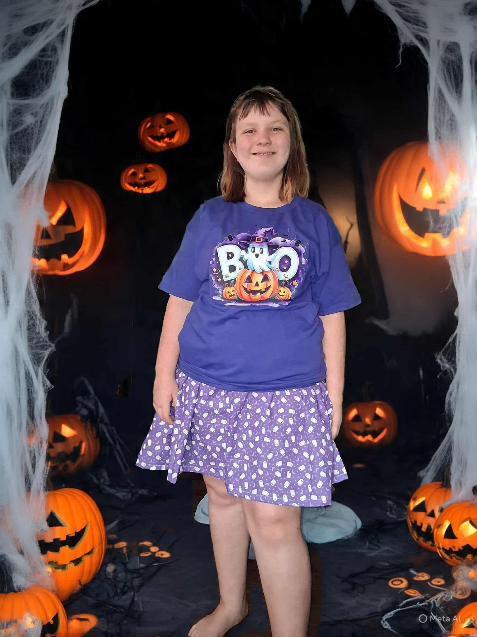 A person in a purple shirt and patterned skirt stands in a Halloween-themed display filled with glowing jack-o'-lanterns.