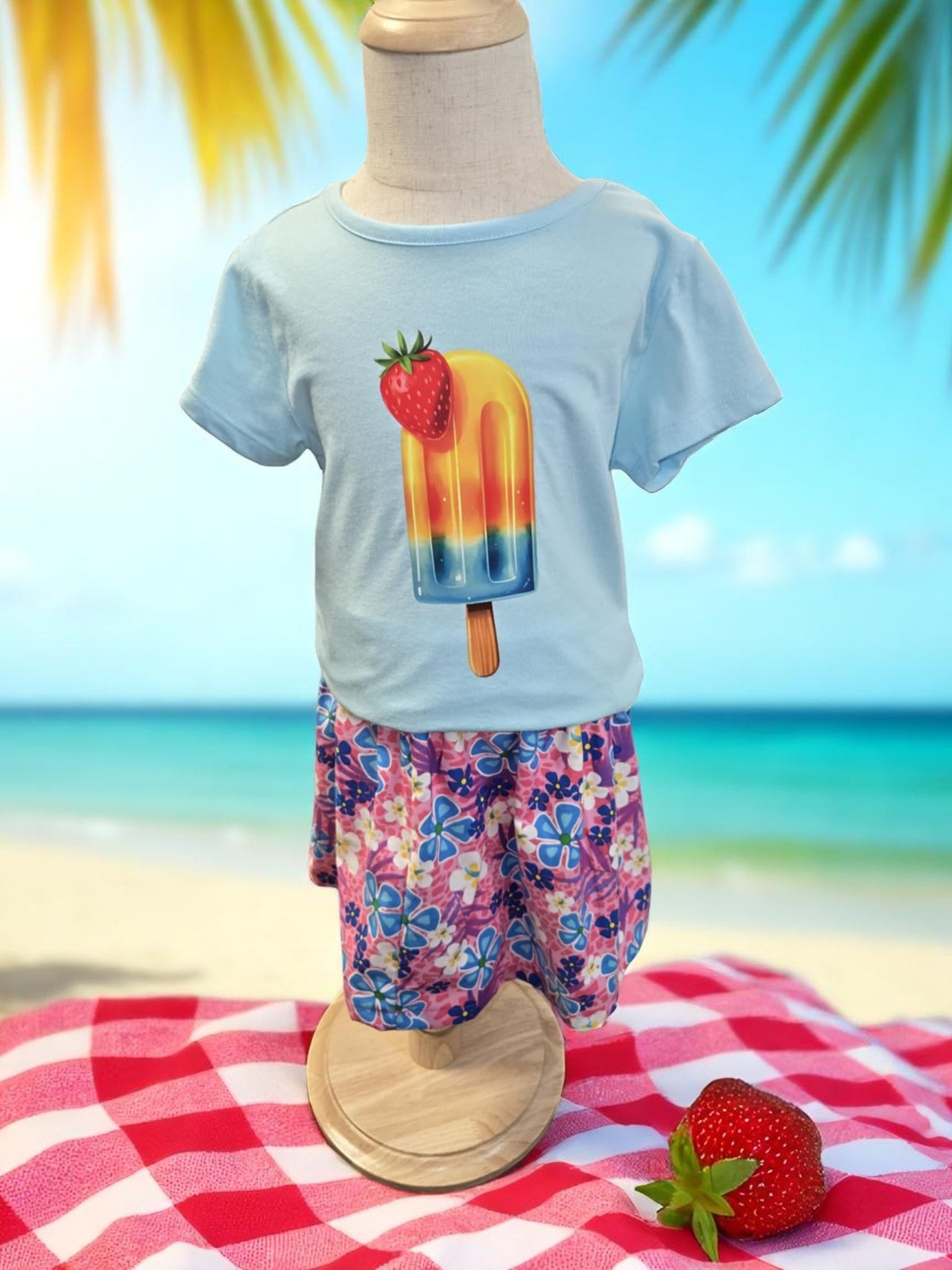 A light blue t-shirt featuring a strawberry popsicle print paired with floral shorts on a mannequin at the beach.