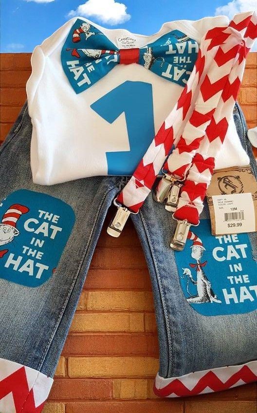 A Cat in the Hat themed birthday outfit featuring a white 