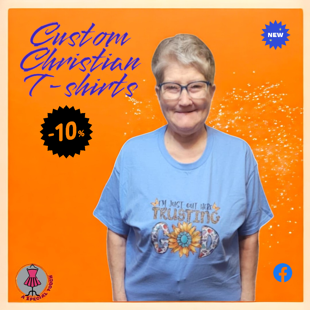 A person wearing a light blue t-shirt with a sunflower graphic stands before an orange background with a -10% offer.