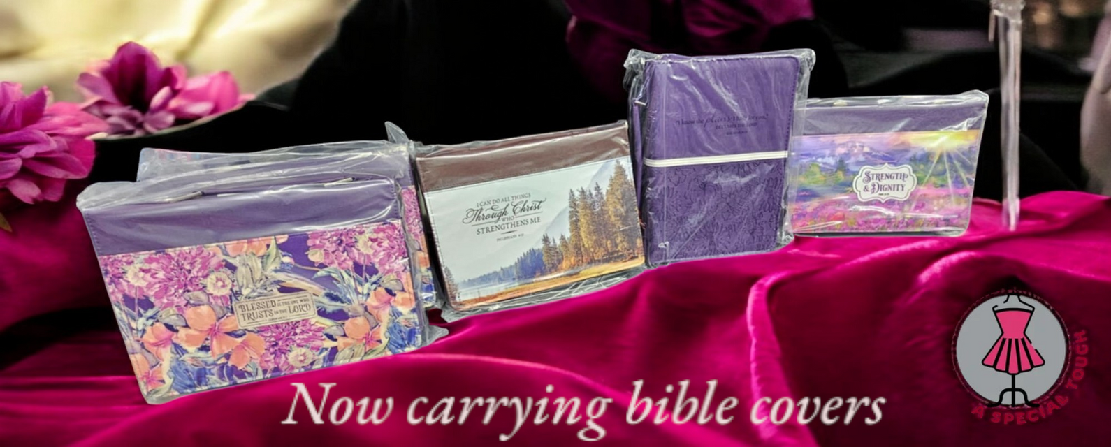 Four various decorative Bible covers arranged on a vibrant magenta fabric background, with text reading "Now carrying...".