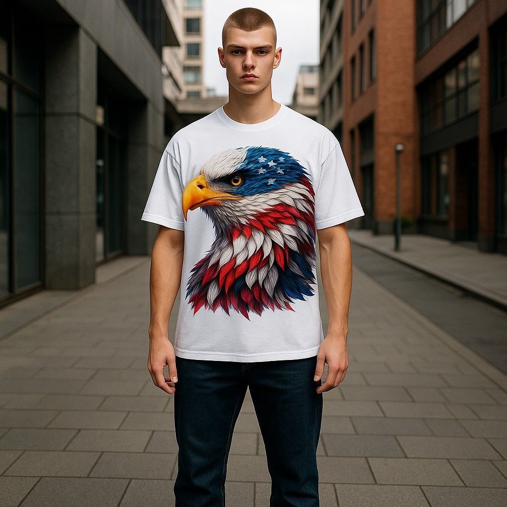 A person stands in a city alley wearing a white t-shirt featuring a detailed, American flag-patterned eagle graphic.