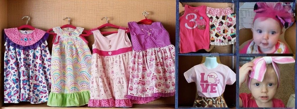 Four children's dresses hang on a rack next to a collage showing a child wearing various outfits and hair bows.