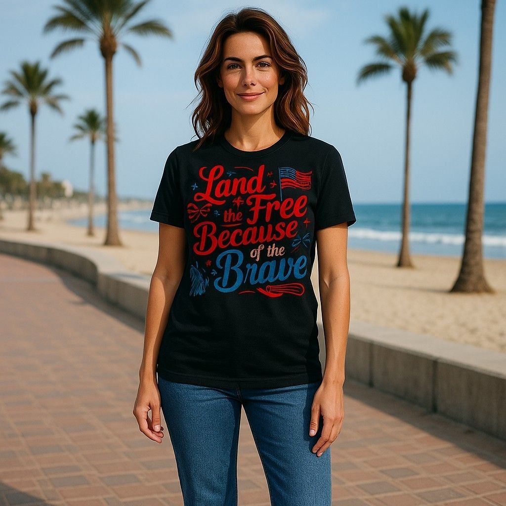 A person wearing a black t-shirt with patriotic text stands on a paved beach path with palm trees and the ocean behind.