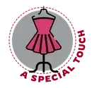 A pink dress on a stand inside a grey circle with a dashed border, labeled "A SPECIAL TOUCH" in dark red text.
