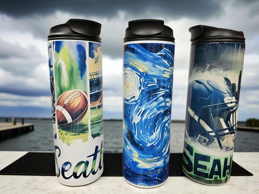 Three tumblers featuring Seattle Seahawks and Starry Night artwork displayed outdoors against a cloudy sky and water.