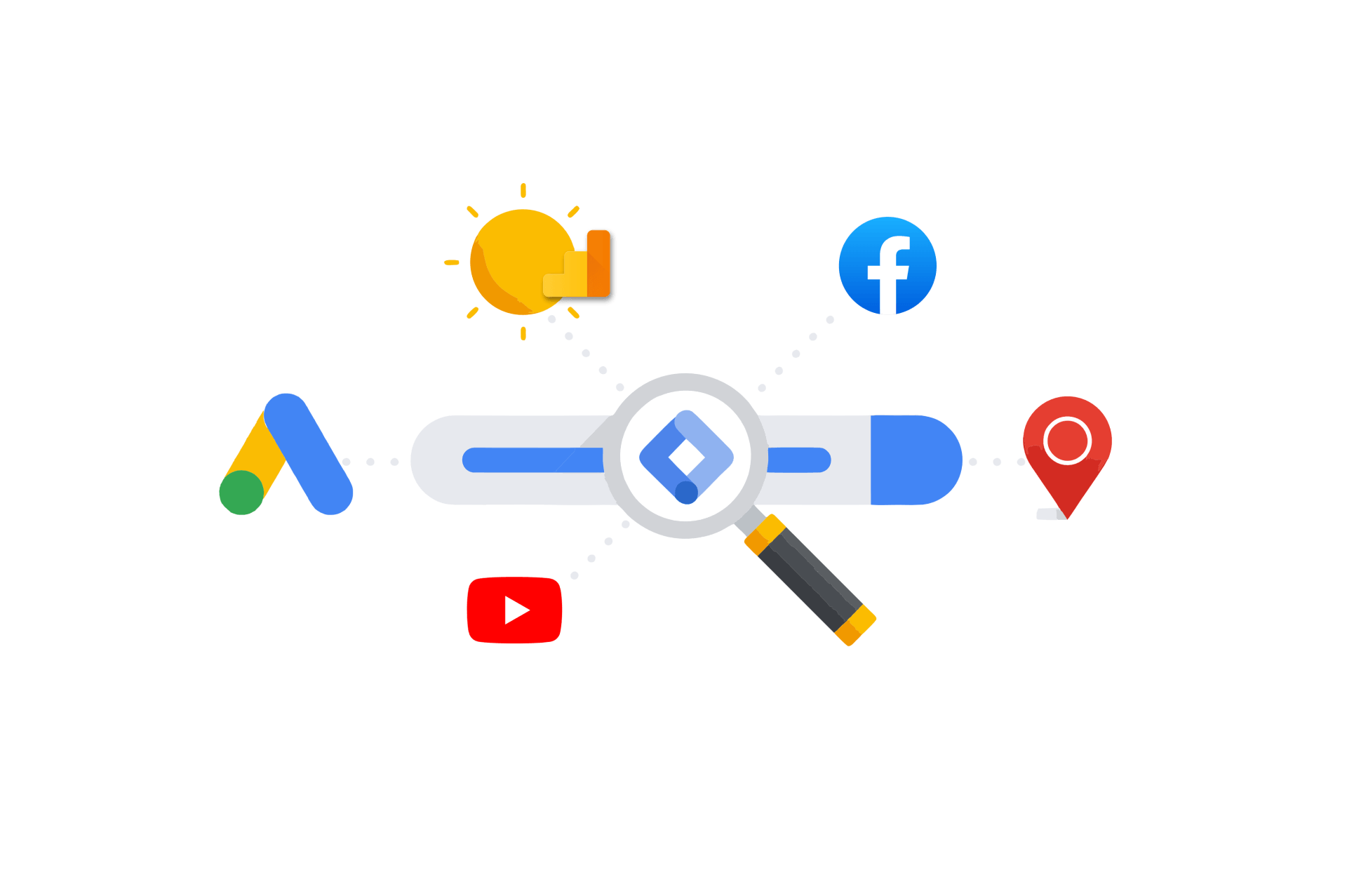A magnifying glass over a search bar, surrounded by logos of Google Ads, YouTube, Facebook, the sun, and a location pin.