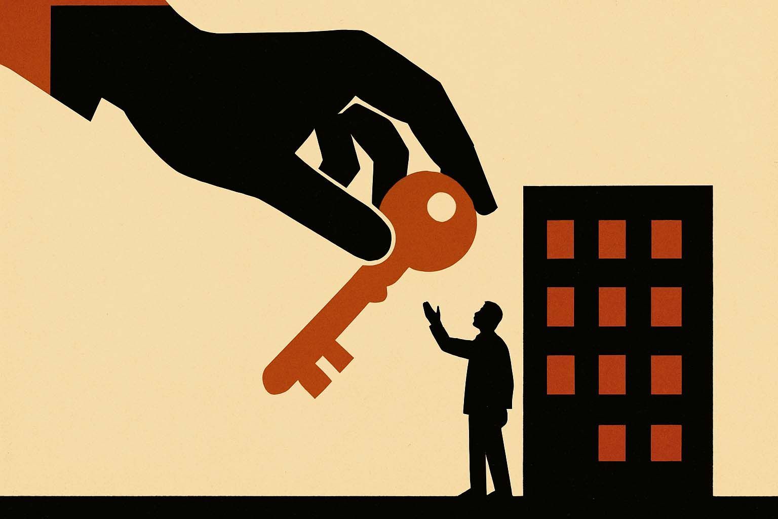 Large hand holding key, offering it to a small person looking at a building.