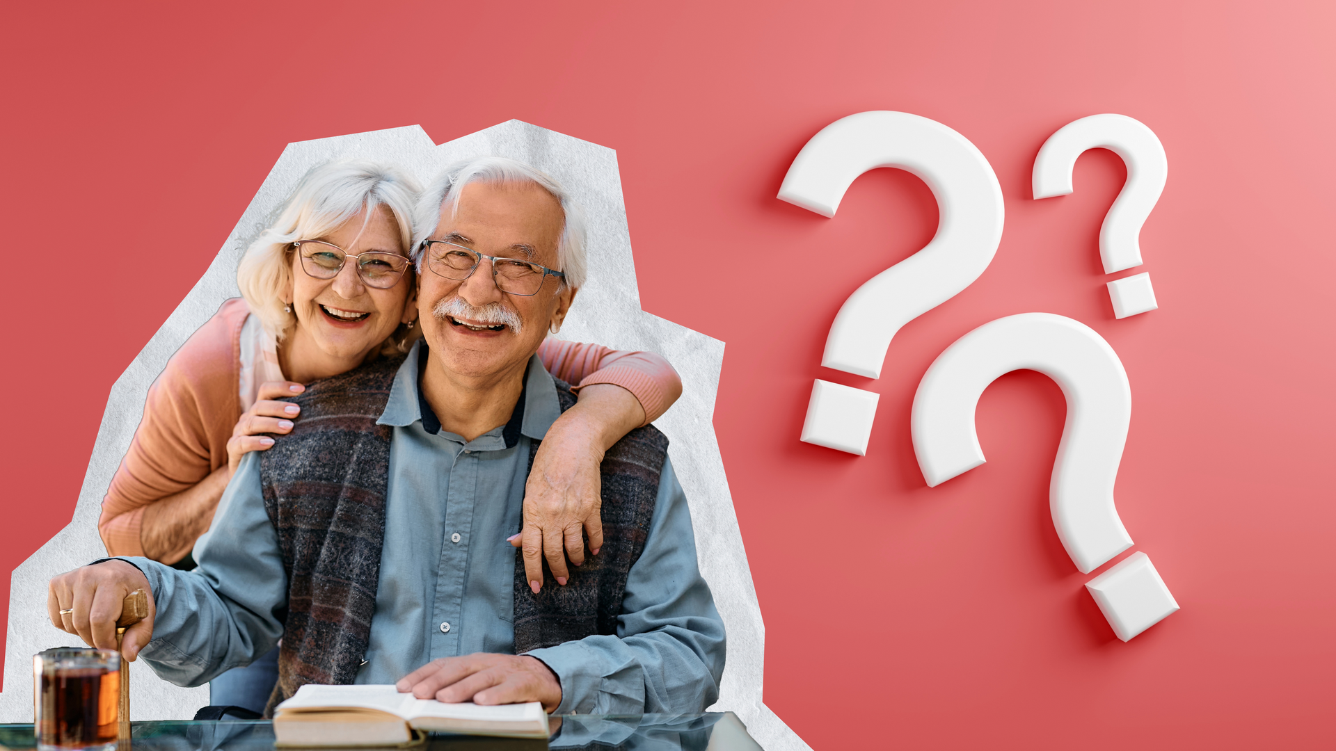 Elderly couple smiling, posing beside large question marks, red background.