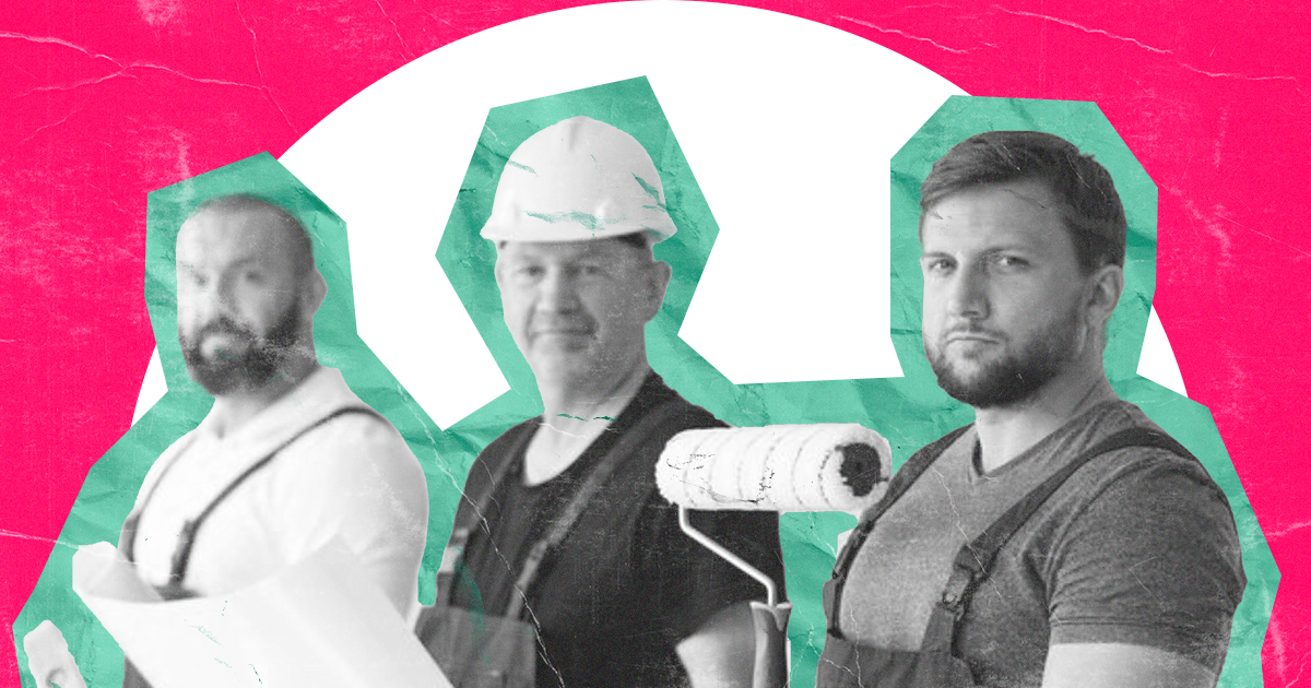 Three construction workers with different tools. One with blueprints, one with a paint roller, and one wearing a hard hat.
