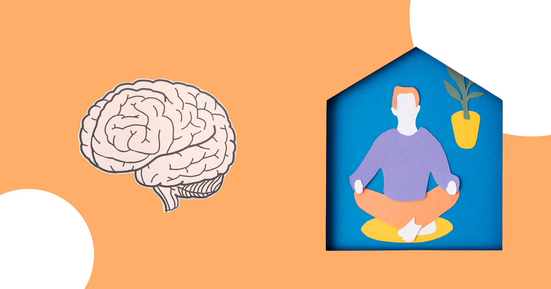 Brain next to person meditating in a house, orange background.